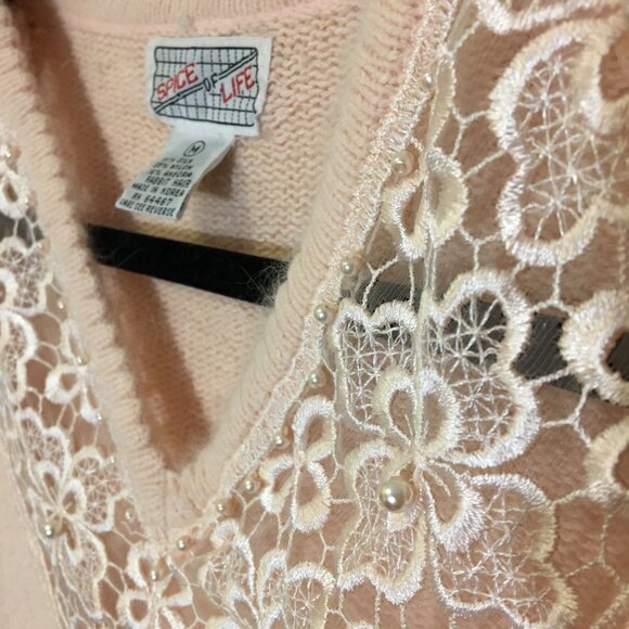 Vintage 80s Angora Blend Sweater Deep V Lace Grannycore Grandma Coquette (T6) - Picture 11 of 13